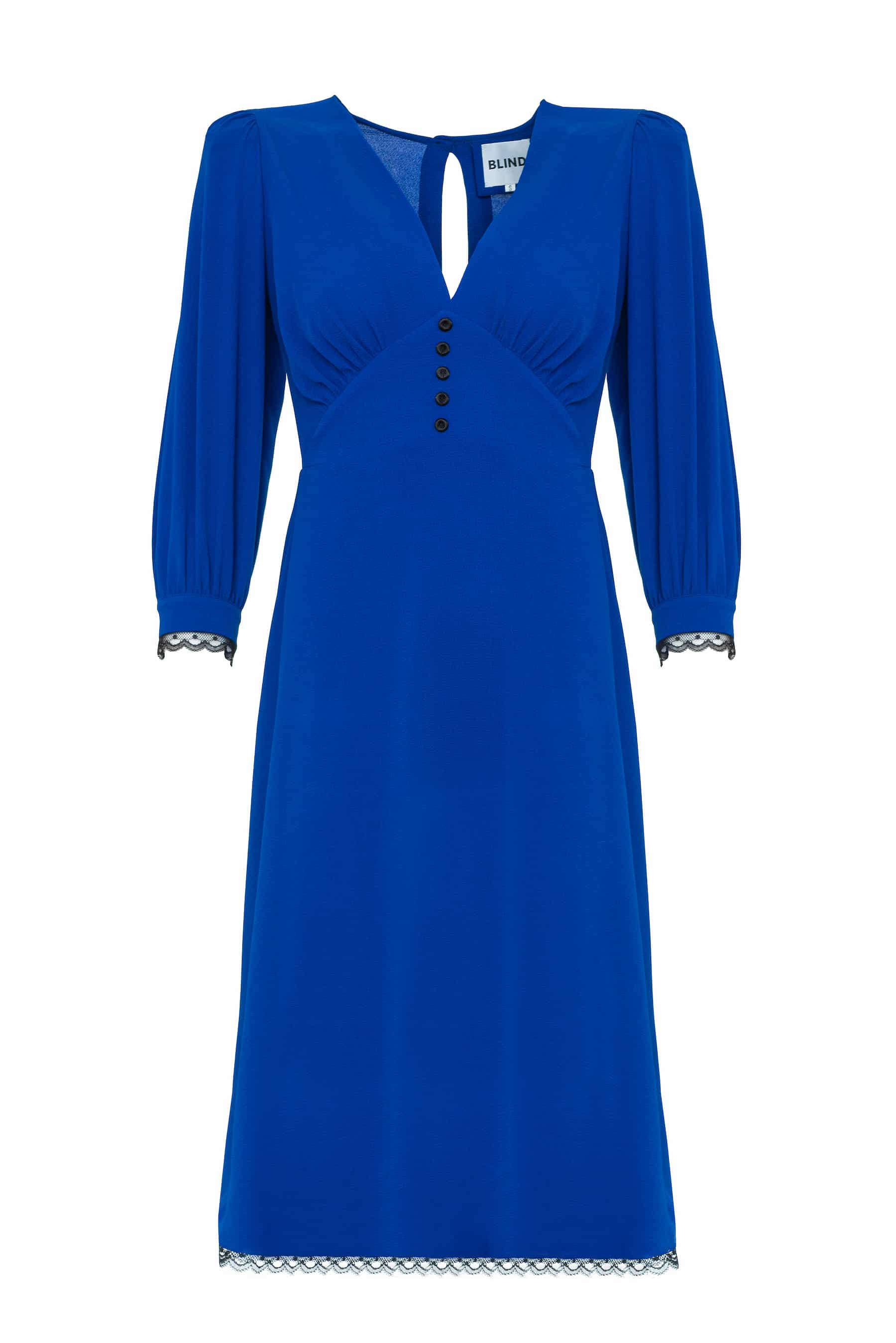 Electric blue crepe dress with black buttons and lace